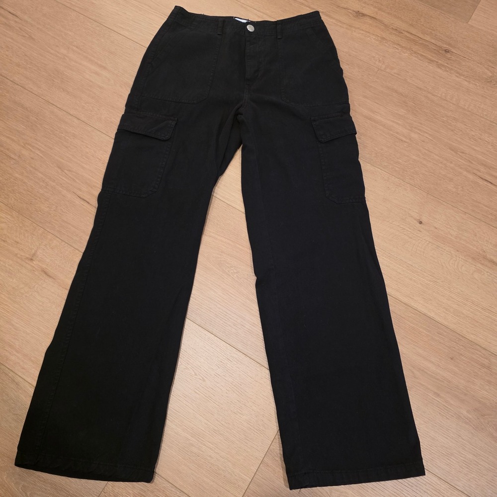 Zara Womens Black High Waisted Wide Leg Cargo Pants Utility Trousers Size 6